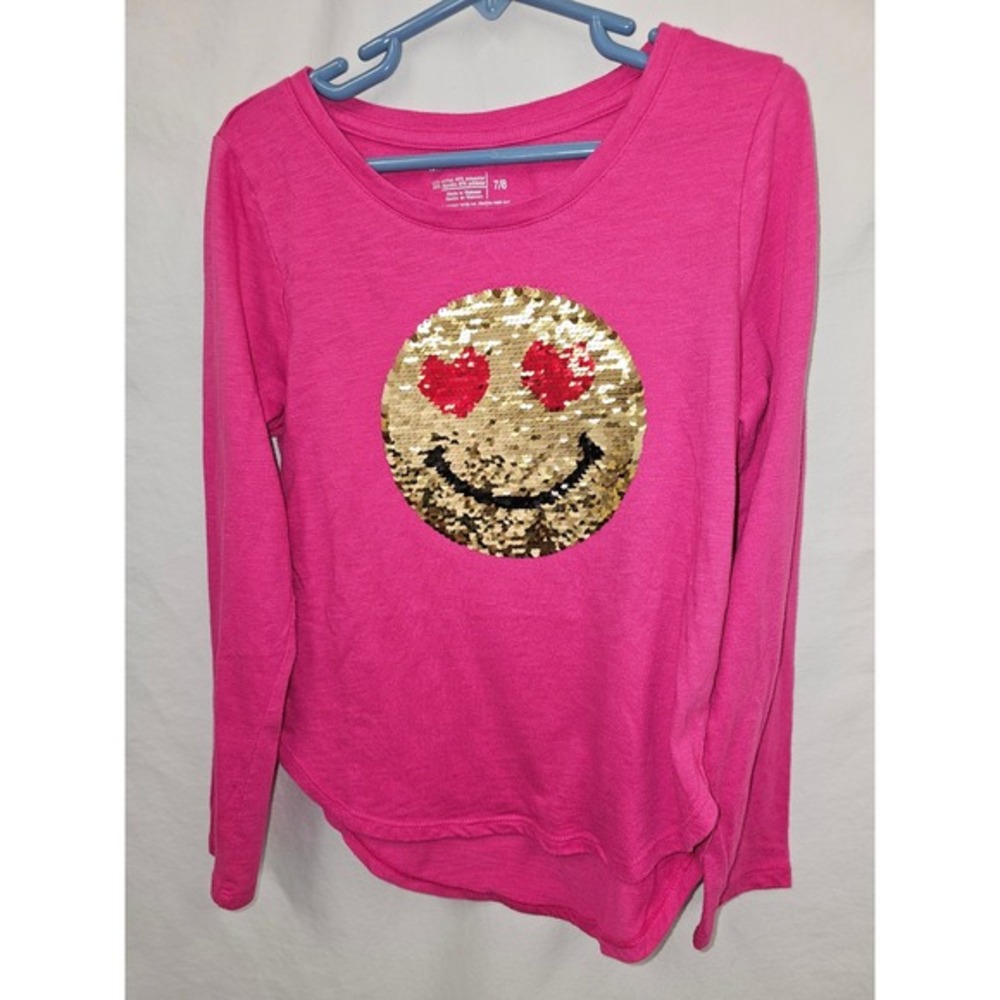 Member's Mark Girls Pink Long Sleeve‎ Tee Shirt Gold Sequin Emoji Heart Eyes 7-8